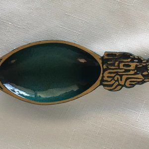 Green Enamel Brass Ashtray Decorated with Shalom Jerusalem & Menorah